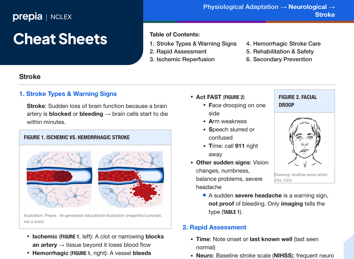 First page of the Prepia NCLEX cheat sheet on stroke, with an ischemic versus hemorrhagic stroke illustration