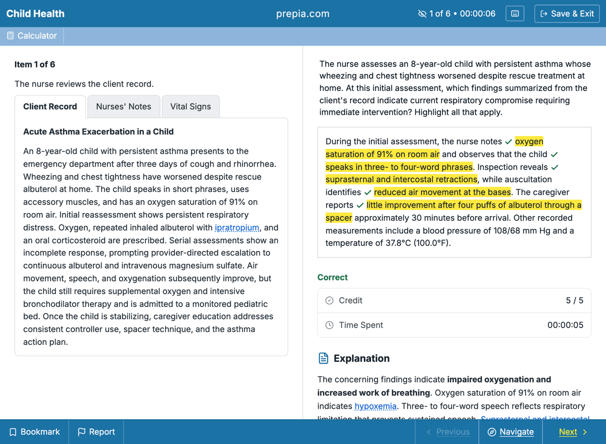 Prepia's NCLEX-style exam interface with a case study item answered: five findings highlighted and checked, full credit, and the explanation